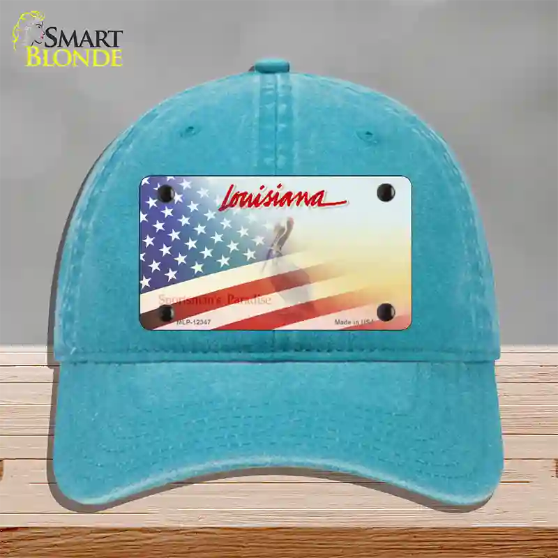 Louisiana with American Flag Novelty License Plate Hat Unconstructed Cotton / Lake Blue