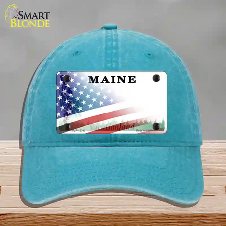 Maine with American Flag Novelty License Plate Hat Unconstructed Cotton / Lake Blue