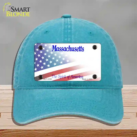 Massachusetts with American Flag Novelty License Plate Hat Unconstructed Cotton / Lake Blue