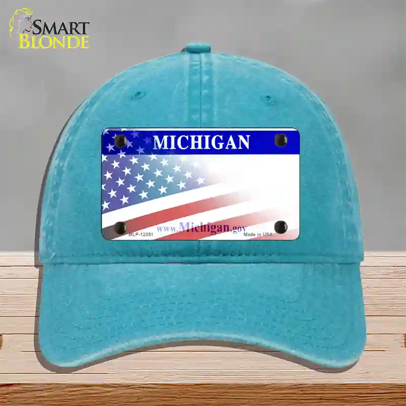 Michigan with American Flag Novelty License Plate Hat Unconstructed Cotton / Lake Blue