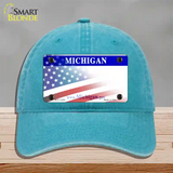 Michigan with American Flag Novelty License Plate Hat Unconstructed Cotton / Lake Blue