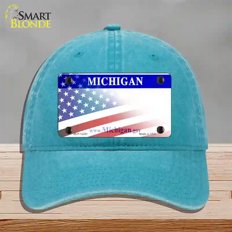 Michigan with American Flag Novelty License Plate Hat Unconstructed Cotton / Lake Blue