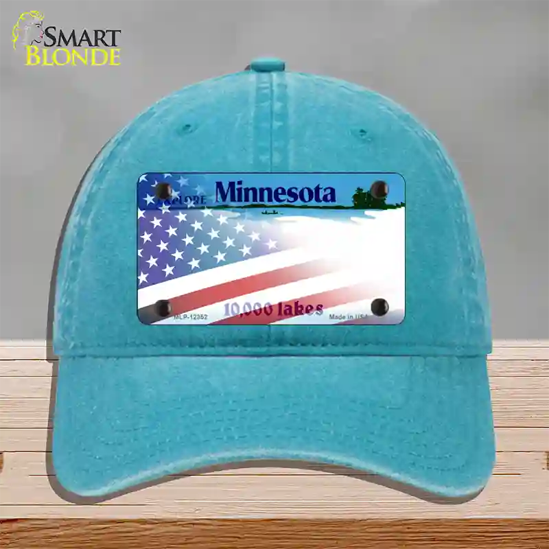 Minnesota with American Flag Novelty License Plate Hat Unconstructed Cotton / Lake Blue