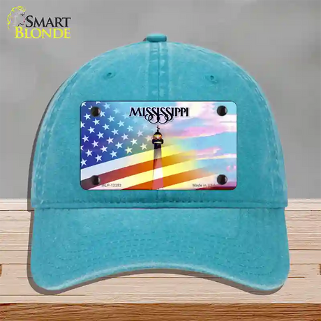 Mississippi with American Flag Novelty License Plate Hat Unconstructed Cotton / Lake Blue