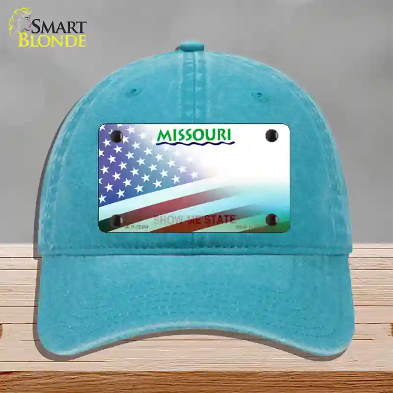 Missouri with American Flag Novelty License Plate Hat Unconstructed Cotton / Lake Blue