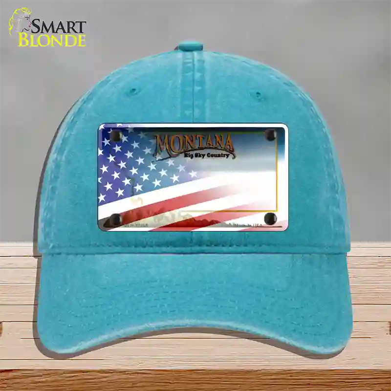 Montana with American Flag Novelty License Plate Hat Unconstructed Cotton / Lake Blue