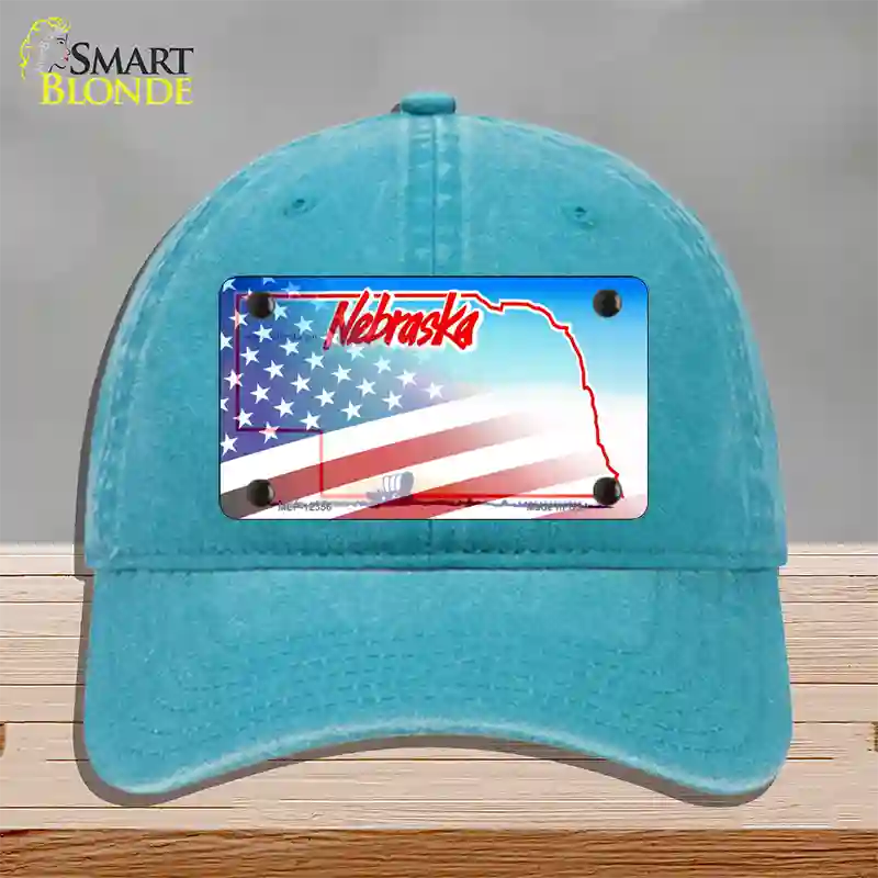 Nebraska with American Flag Novelty License Plate Hat Unconstructed Cotton / Lake Blue