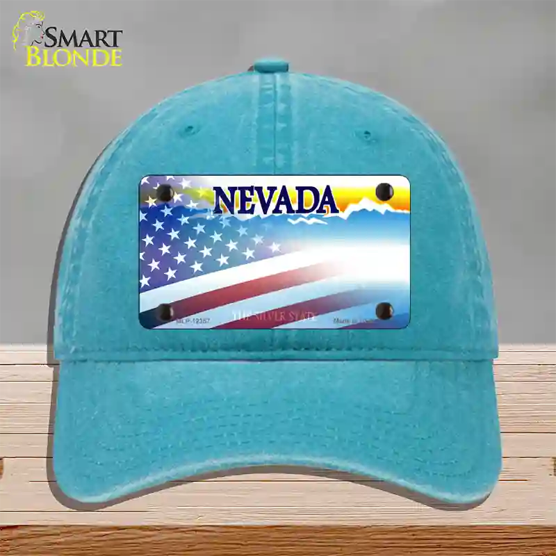 Nevada with American Flag Novelty License Plate Hat Unconstructed Cotton / Lake Blue