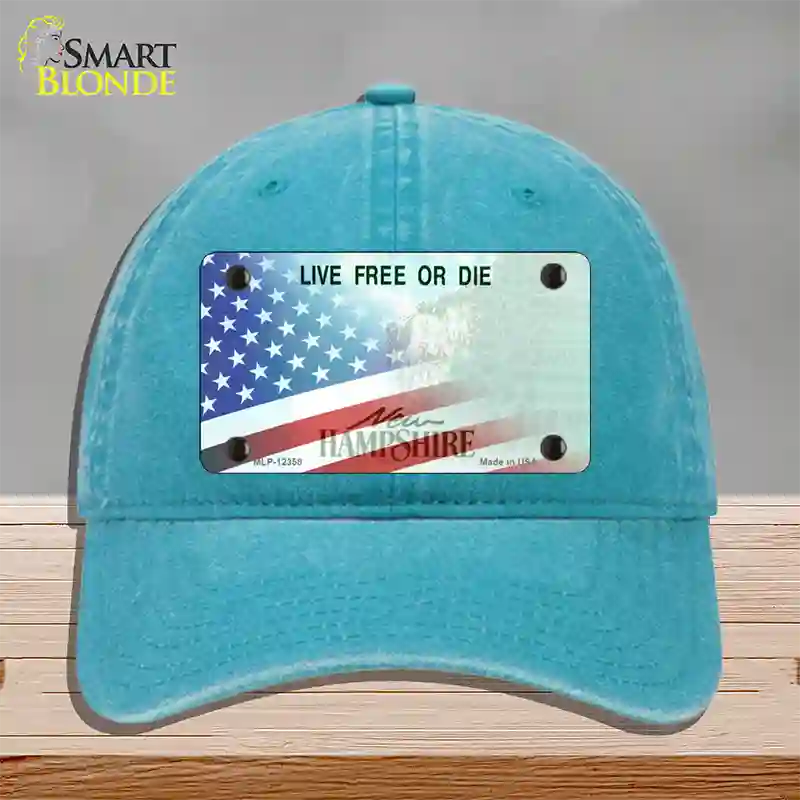 New Hampshire with American Flag Novelty License Plate Hat Unconstructed Cotton / Lake Blue