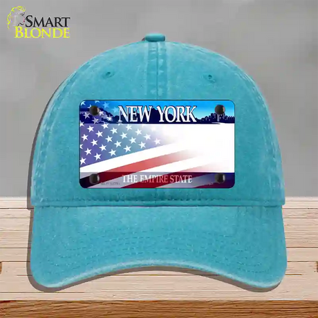 New York with American Flag Novelty License Plate Hat Unconstructed Cotton / Lake Blue