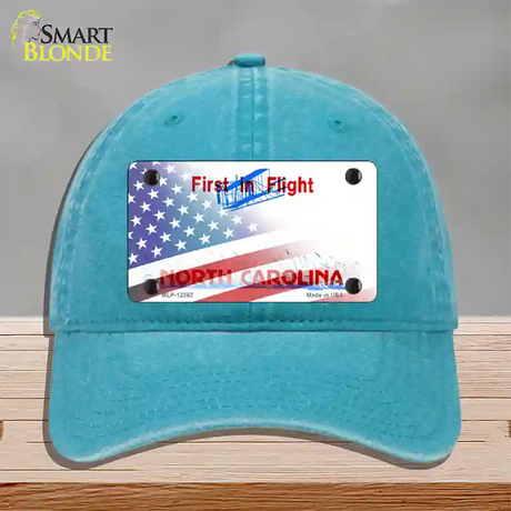 North Carolina with American Flag Novelty License Plate Hat Unconstructed Cotton / Lake Blue