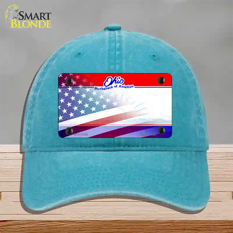 Ohio with American Flag Novelty License Plate Hat Unconstructed Cotton / Lake Blue