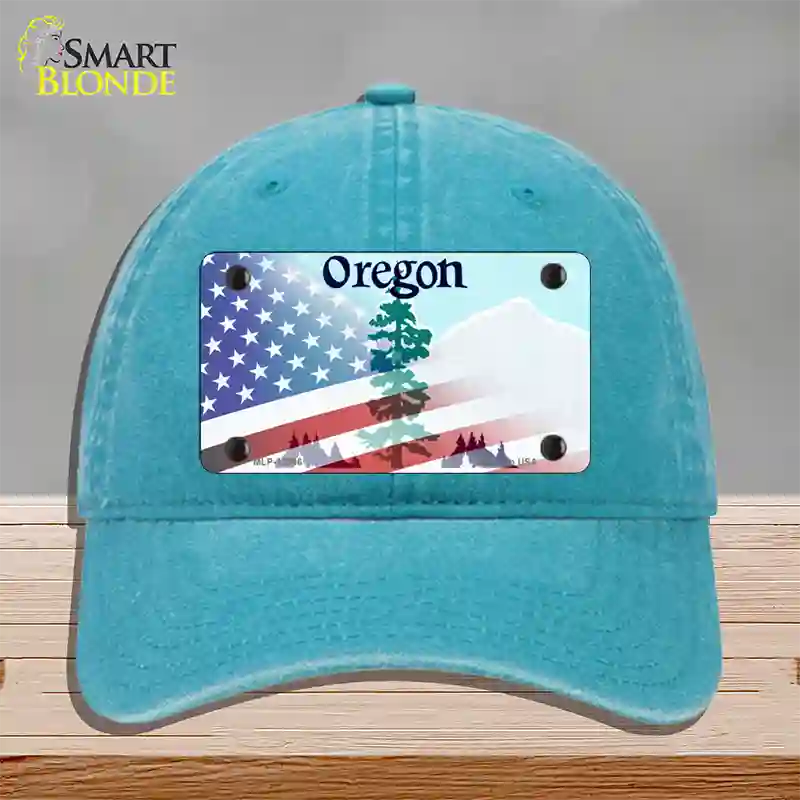 Oregon with American Flag Novelty License Plate Hat Unconstructed Cotton / Lake Blue