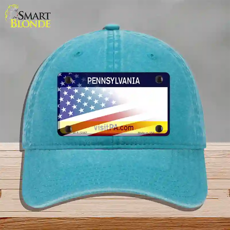 Pennsylvania with American Flag Novelty License Plate Hat Unconstructed Cotton / Lake Blue