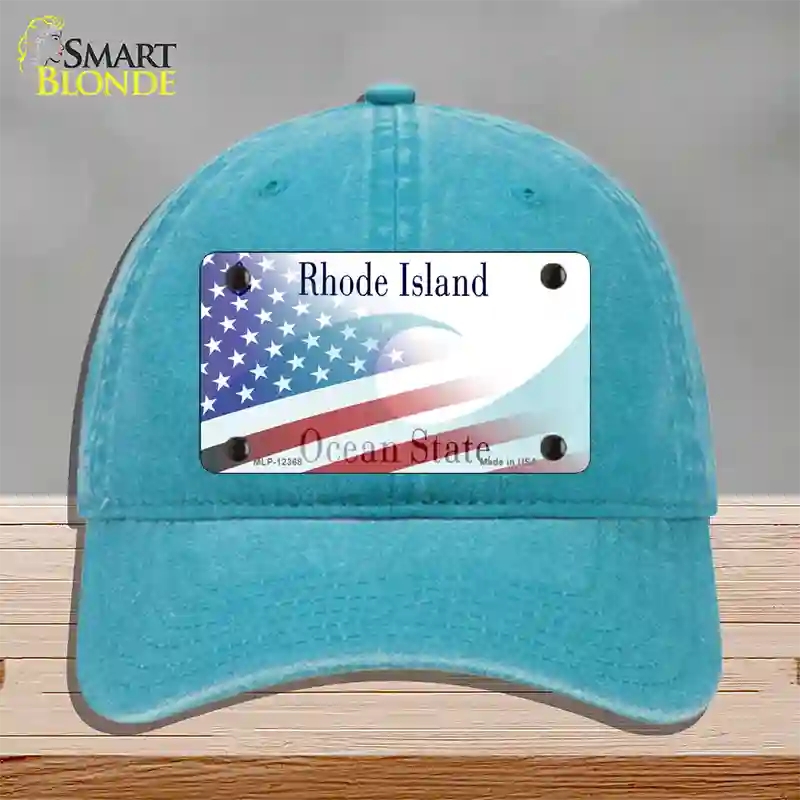 Rhode Island with American Flag Novelty License Plate Hat Unconstructed Cotton / Lake Blue