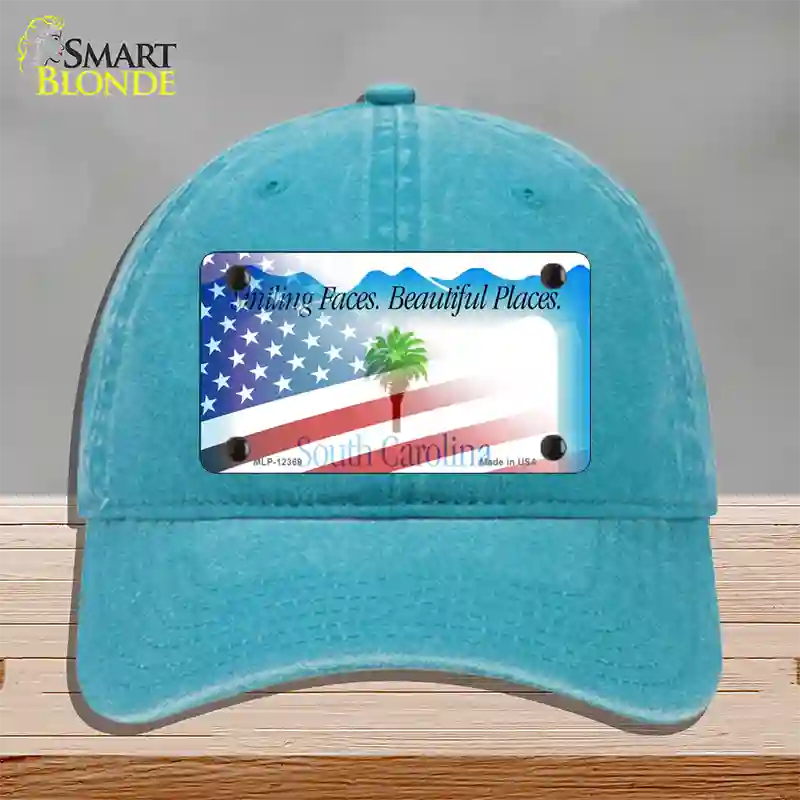 South Carolina with American Flag Novelty License Plate Hat Unconstructed Cotton / Lake Blue