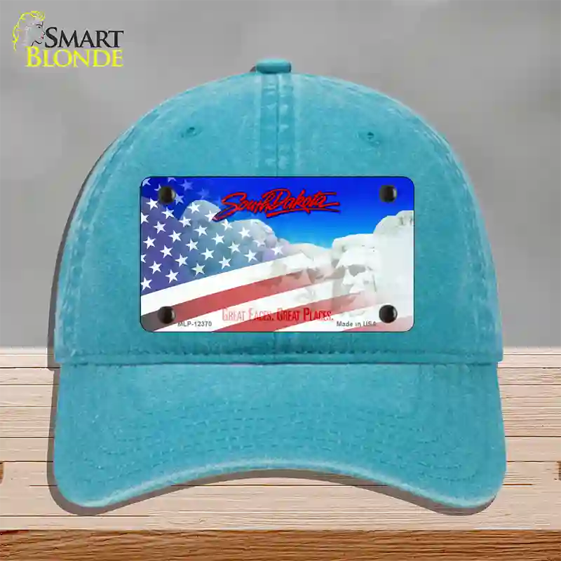 South Dakota with American Flag Novelty License Plate Hat Unconstructed Cotton / Lake Blue