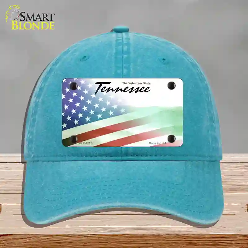 Tennessee with American Flag Novelty License Plate Hat Unconstructed Cotton / Lake Blue