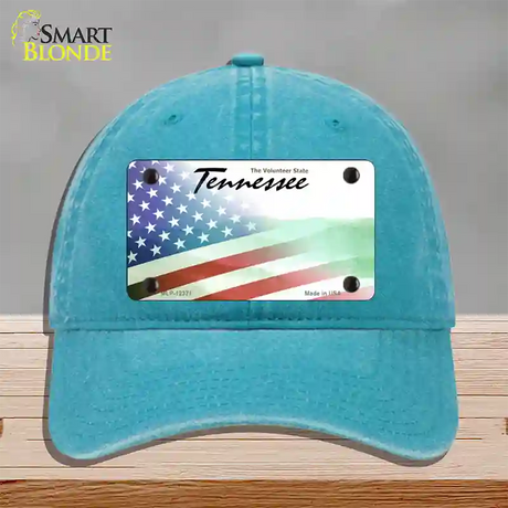 Tennessee with American Flag Novelty License Plate Hat Unconstructed Cotton / Lake Blue