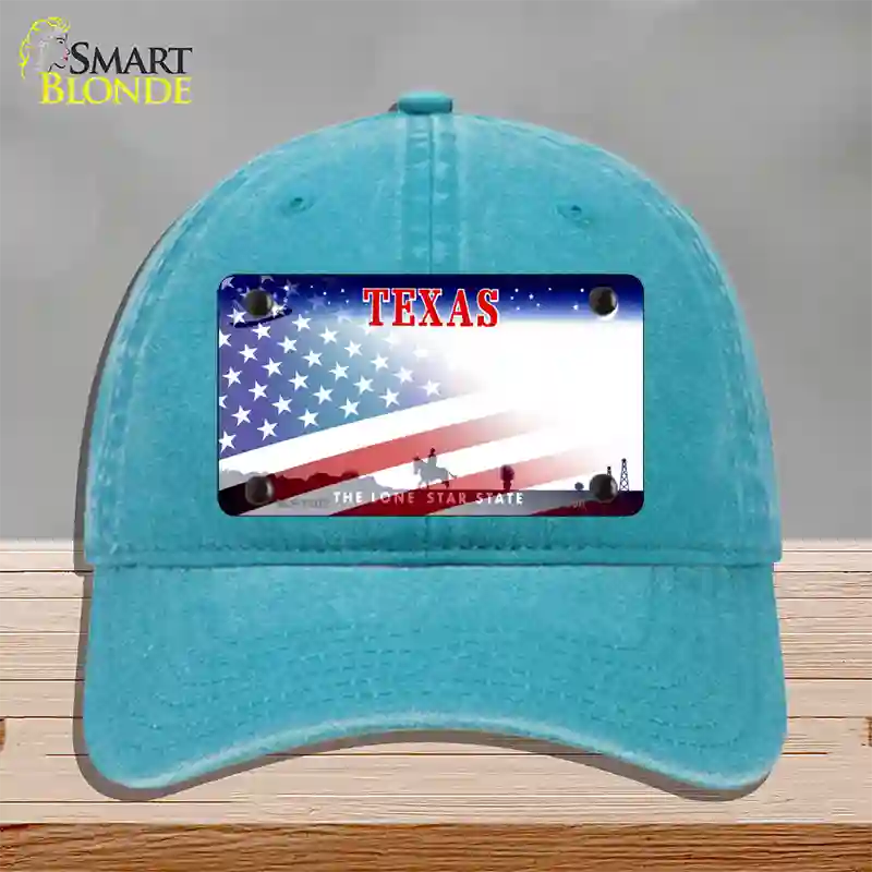 Texas with American Flag Novelty License Plate Hat Unconstructed Cotton / Lake Blue