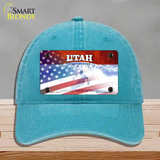 Utah with American Flag Novelty License Plate Hat Unconstructed Cotton / Lake Blue