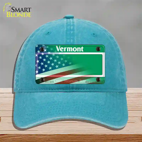 Vermont with American Flag Novelty License Plate Hat Unconstructed Cotton / Lake Blue