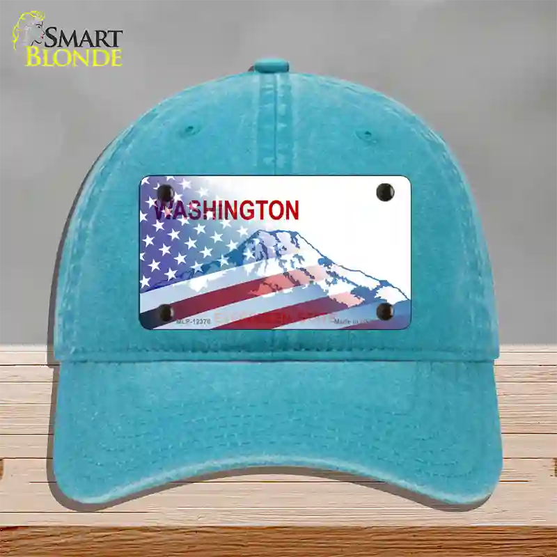 Washington with American Flag Novelty License Plate Hat Unconstructed Cotton / Lake Blue