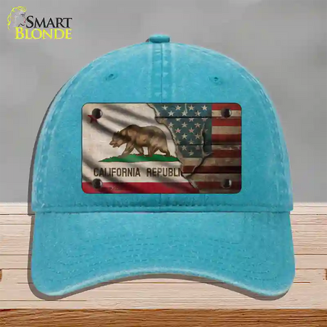 California/American Flag Novelty License Plate Hat Unconstructed Cotton / Lake Blue