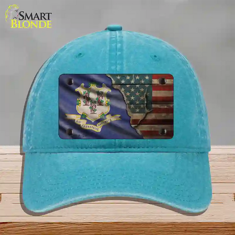 Connecticut/American Flag Novelty License Plate Hat Unconstructed Cotton / Lake Blue