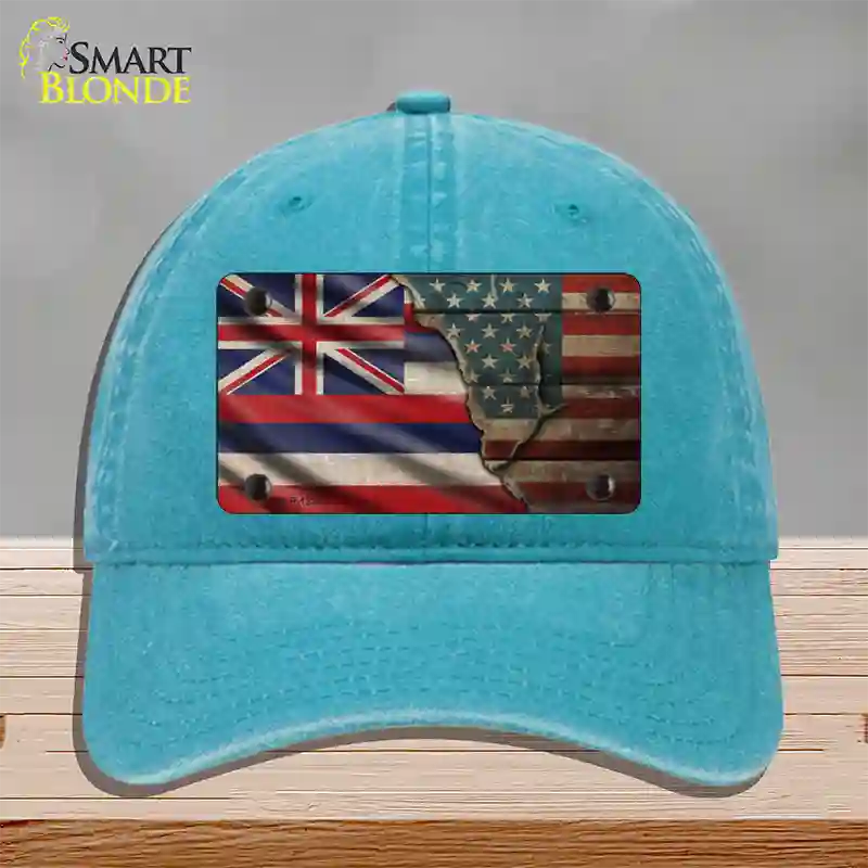 Hawaii/American Flag Novelty License Plate Hat Unconstructed Cotton / Lake Blue