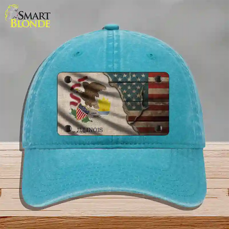 Illinois/American Flag Novelty License Plate Hat Unconstructed Cotton / Lake Blue