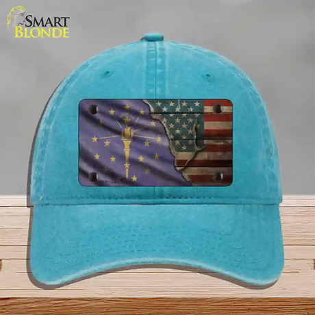 Indiana/American Flag Novelty License Plate Hat Unconstructed Cotton / Lake Blue