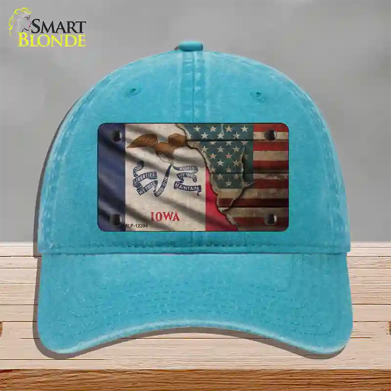 Iowa/American Flag Novelty License Plate Hat Unconstructed Cotton / Lake Blue