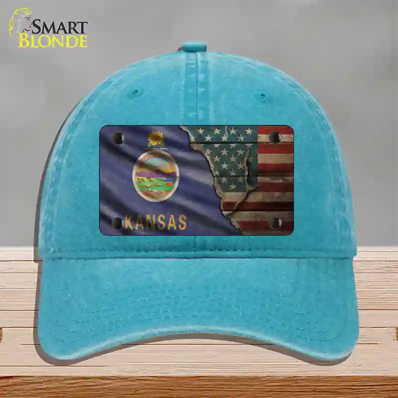 Kansas/American Flag Novelty License Plate Hat Unconstructed Cotton / Lake Blue