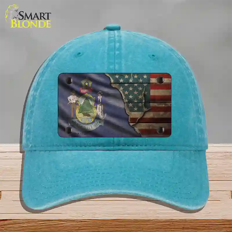 Maine/American Flag Novelty License Plate Hat Unconstructed Cotton / Lake Blue