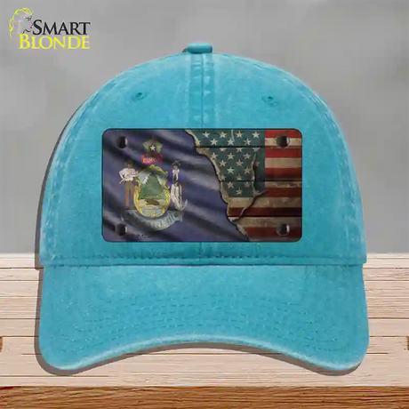 Maine/American Flag Novelty License Plate Hat Unconstructed Cotton / Lake Blue