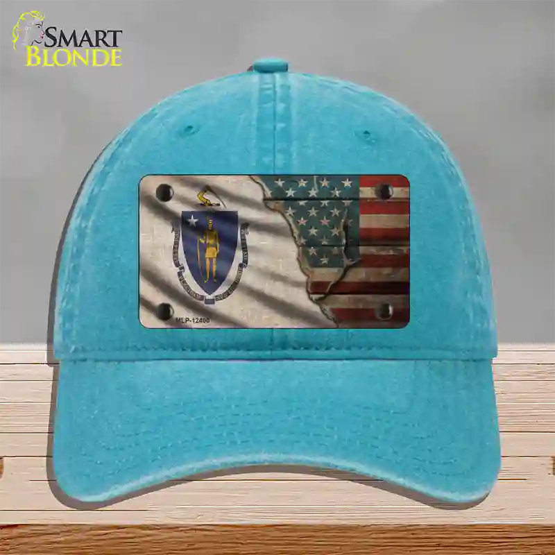 Massachusetts/American Flag Novelty License Plate Hat Unconstructed Cotton / Lake Blue