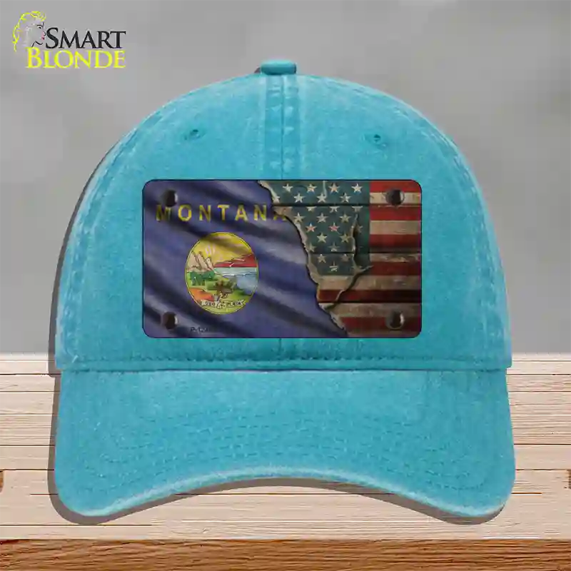 Montana/American Flag Novelty License Plate Hat Unconstructed Cotton / Lake Blue