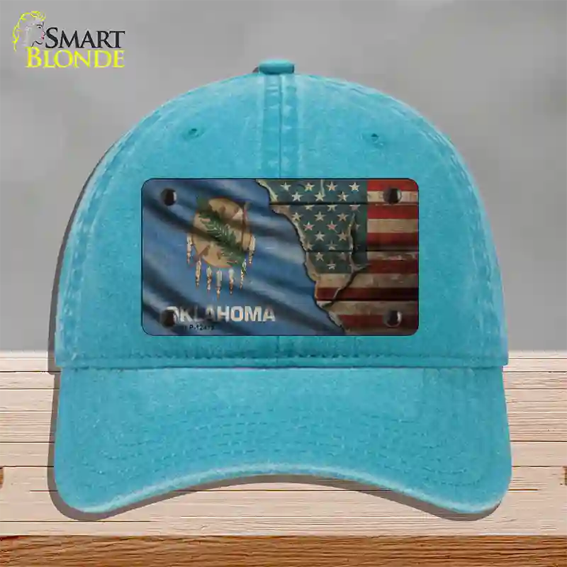 Oklahoma/American Flag Novelty License Plate Hat Unconstructed Cotton / Lake Blue