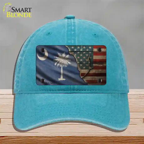 South Carolina/American Flag Novelty License Plate Hat Unconstructed Cotton / Lake Blue