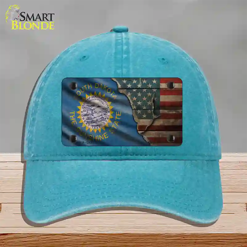 South Dakota/American Flag Novelty License Plate Hat Unconstructed Cotton / Lake Blue