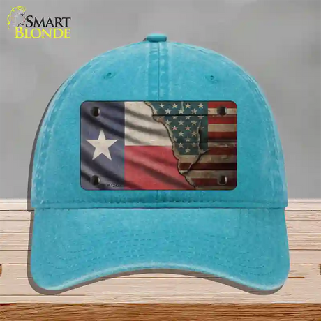 Texas/American Flag Novelty License Plate Hat Unconstructed Cotton / Lake Blue