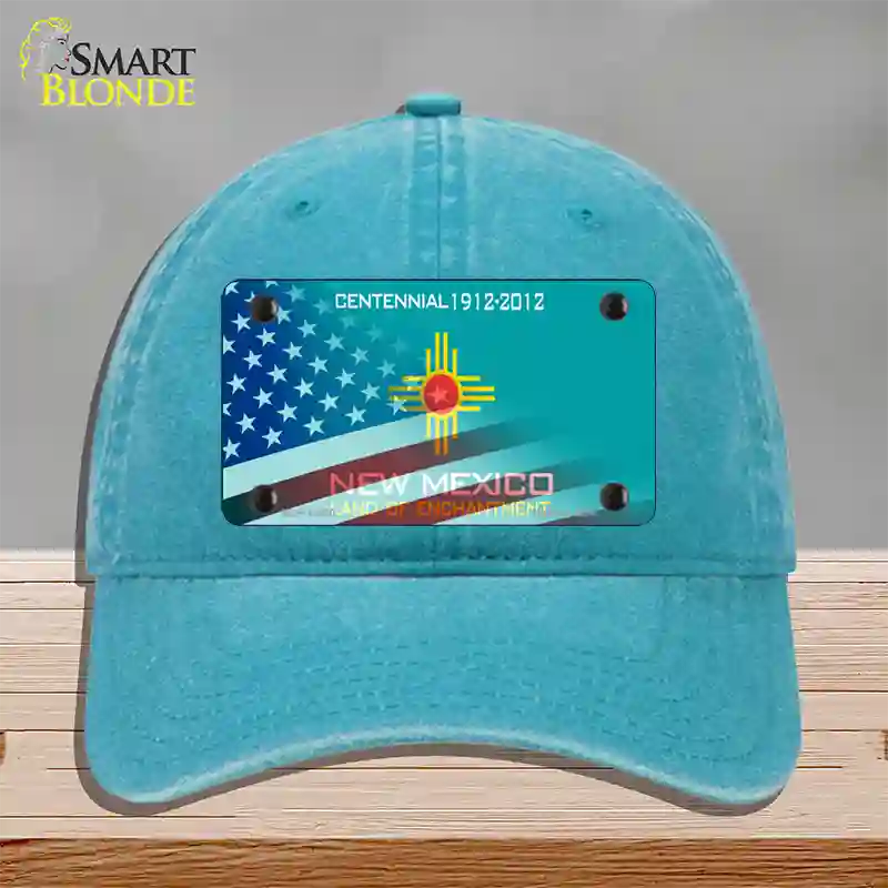 New Mexico Teal with American Flag Novelty License Plate Hat Unconstructed Cotton / Lake Blue