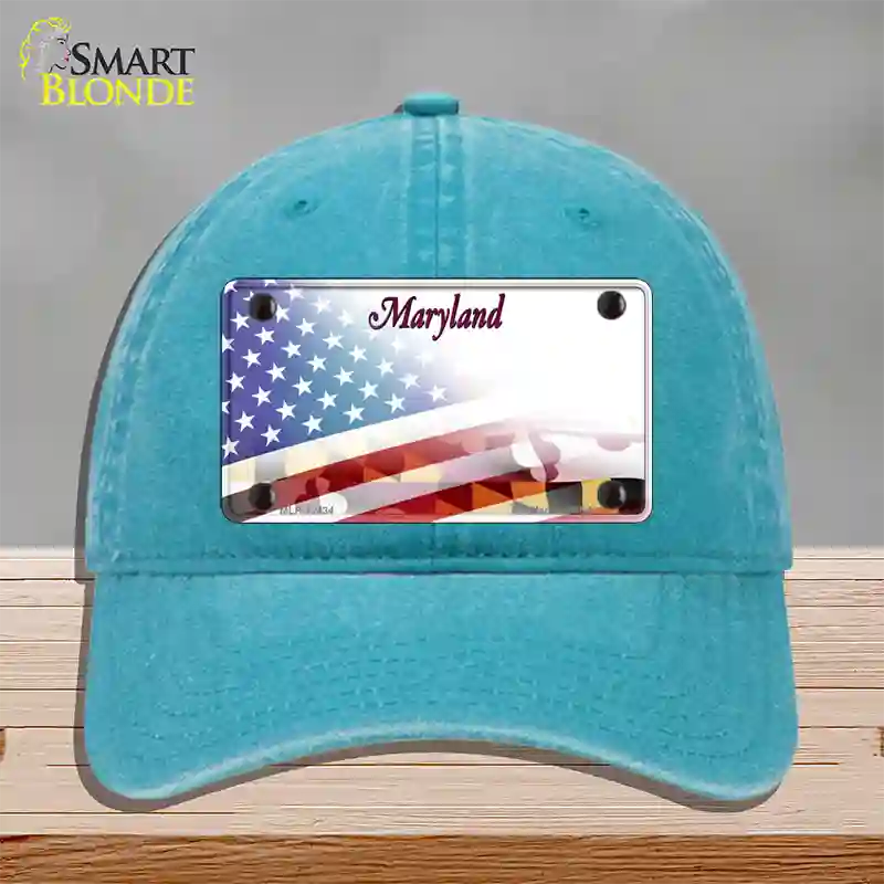 Maryland State with American Flag Novelty License Plate Hat Unconstructed Cotton / Lake Blue