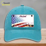 Maryland State with American Flag Novelty License Plate Hat Unconstructed Cotton / Lake Blue