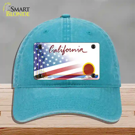 California Palm Plate American Flag Novelty License Plate Hat Unconstructed Cotton / Lake Blue