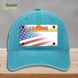 California Golden with American Flag Novelty License Plate Hat Unconstructed Cotton / Lake Blue