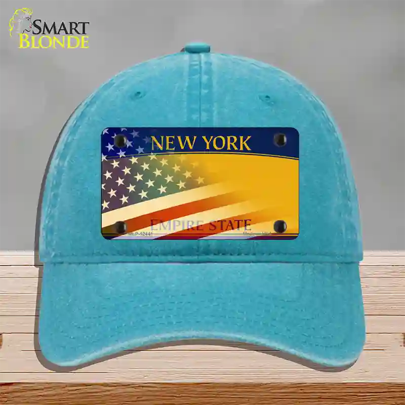 New York Yellow with American Flag Novelty License Plate Hat Unconstructed Cotton / Lake Blue