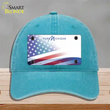 Pure Michigan Plate American Flag Novelty License Plate Hat Unconstructed Cotton / Lake Blue