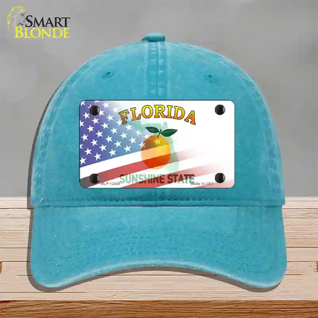 Florida Orange with American Flag Novelty License Plate Hat Unconstructed Cotton / Lake Blue